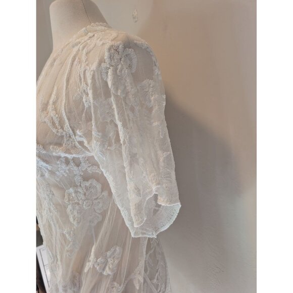 Elegant Sheer White Lace Kimono Cardigan Duster Medium Boho Cottagecore - Picture 2 of 6